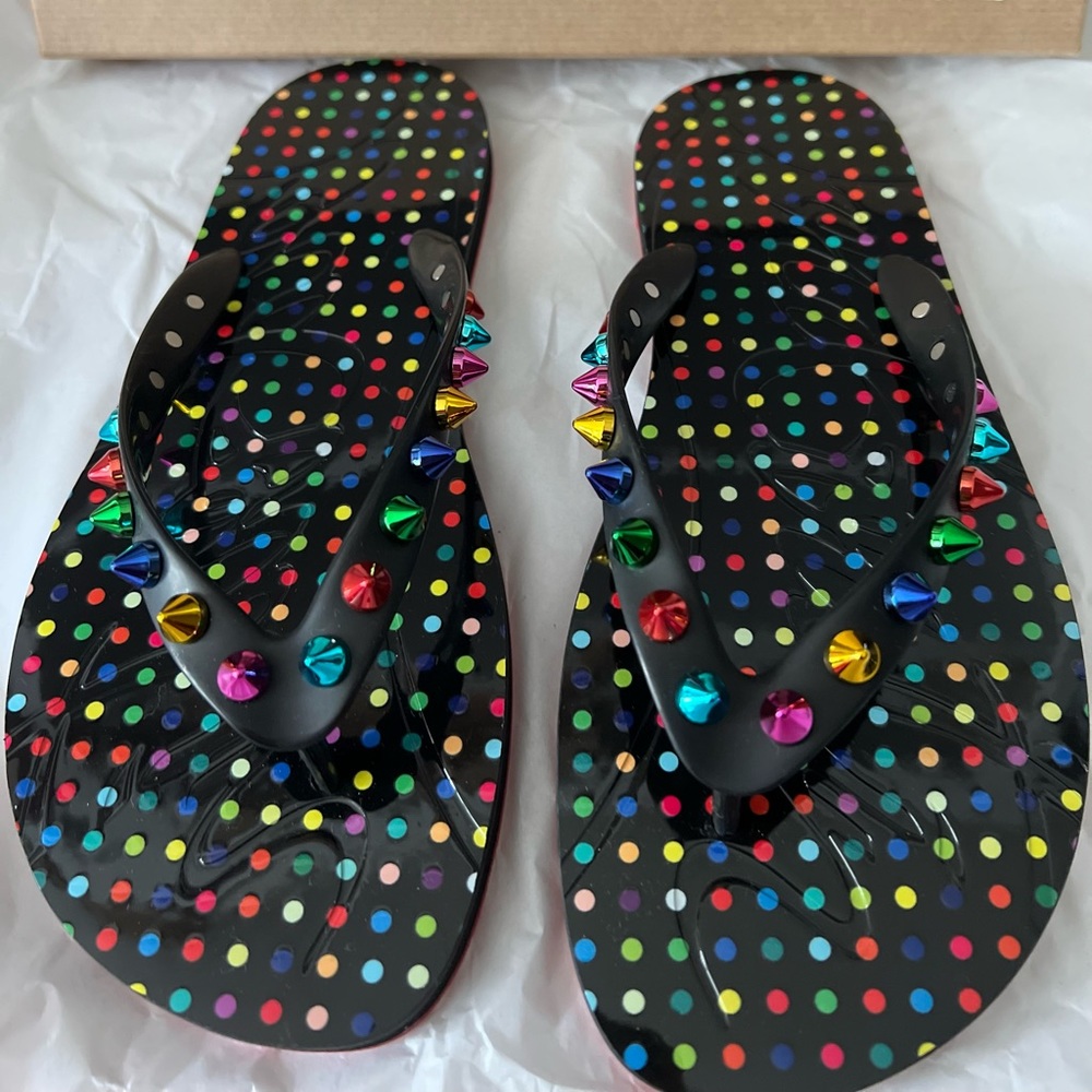 Women’s Christian Louboutin Flip Flops Spikes Black/Multi